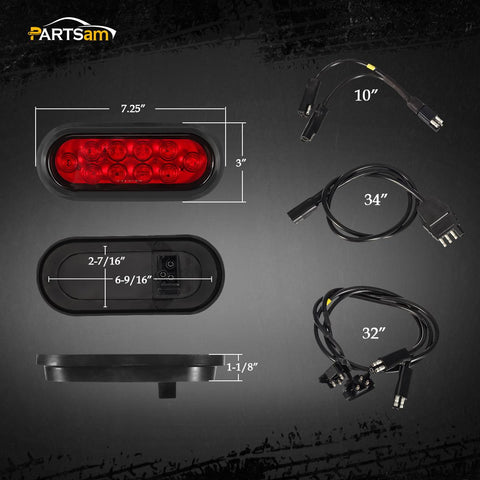 Image of Partsam Red Cargo Carrier Hitch Rack Lights Kit, 2Pcs 6 Inch 10 LED Oval Waterproof Tail Lights with Rubber Grommets, 76inch Wiring Harness, Bike Rack Light