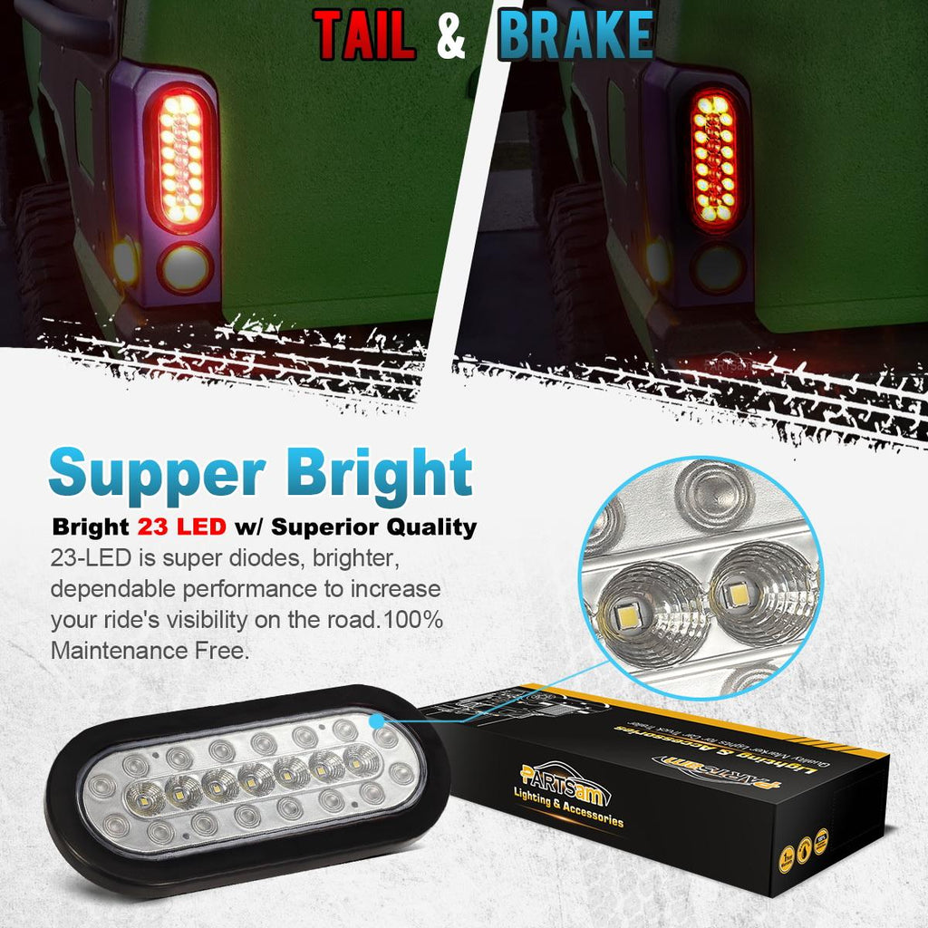 Partsam 2Pcs 6.3 inch Oval Led Stop Turn Tail Lights with Reverse Lights Red and White Clear Lens 23 LED, Sealed 6.3 inch Oval led Trailer Tail Lights Backup Lights w reflectors Grommet Flush Mount