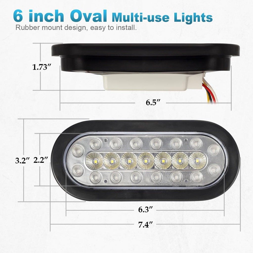 Partsam 2Pcs 6.3 inch Oval Led Stop Turn Tail Lights with Reverse Lights Red and White Clear Lens 23 LED, Sealed 6.3 inch Oval led Trailer Tail Lights Backup Lights w reflectors Grommet Flush Mount