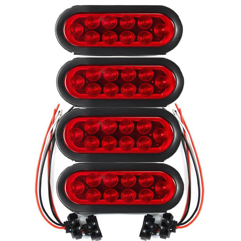 Image of Partsam (4) Trailer Truck LED Sealed RED 6inch Oval Stop/Turn/Tail Lights Flush Mount Waterproof Including 3-pin water tight plug with wires and Grommets Sealed