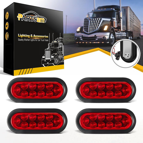 Image of Partsam (4) Trailer Truck LED Sealed RED 6inch Oval Stop/Turn/Tail Lights Flush Mount Waterproof Including 3-pin water tight plug with wires and Grommets Sealed