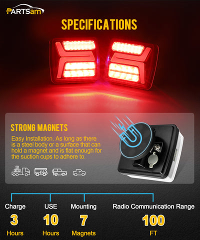 Image of Partsam LED Wireless Trailer Lights Kit Magnetic Towing Tail Lights 58LED Universal Stop Turn Running Light with License Plate Light for Towing Trucks Trailers IP67 Waterproof 10-30V