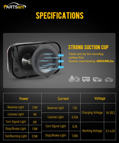 Image of Partsam Wireless LED Trailer Light Kit 4000mAh Battery, Portable Magnetic Rectangle Stop Turn Reverse License Towing Tail Lights w/Metal Bracket 7-Pin Plug for Trucks Trailers 12-24V IP67 Waterproof