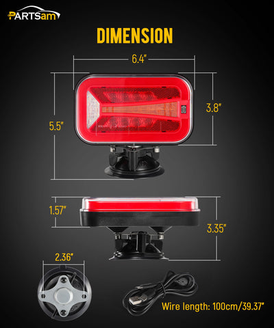 Image of Partsam Wireless LED Trailer Light Kit 4000mAh Battery, Portable Magnetic Rectangle Stop Turn Reverse License Towing Tail Lights w/Metal Bracket 7-Pin Plug for Trucks Trailers 12-24V IP67 Waterproof