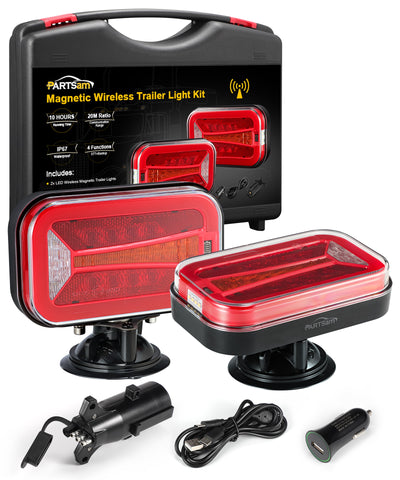 Image of Partsam Wireless LED Trailer Light Kit 4000mAh Battery, Portable Magnetic Rectangle Stop Turn Reverse License Towing Tail Lights w/Metal Bracket 7-Pin Plug for Trucks Trailers 12-24V IP67 Waterproof