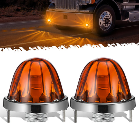Image of Partsam Amber Glass Lens Watermelon Lights [Patented] LED Side Marker Turn Signal Lights with Stainless Steel Bezel Replacement for Kenworth Peterbilt Freightliner