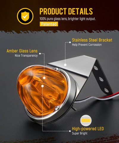 Image of Partsam 2Pcs Amber Glass Lens Watermelon Lights with Stainless Steel Bracket, [Patented] Amber LED Watermelon Mirror Turn Signal Lights Replacement for Kenworth Peterbilt Freightliner