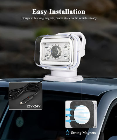 Image of Partsam White Remote Control LED Spotlight, Auto-Reset 360 Degree Rotating Searchlight for Off Road Pickup Trucks Marine Boat 12V-24V