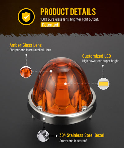 Image of Partsam 2Pcs Amber Glass Lens Watermelon Lights [Patented] LED Side Marker Turn Signal Lights with Stainless Steel Bezel Replacement for Kenworth Peterbilt Freightliner