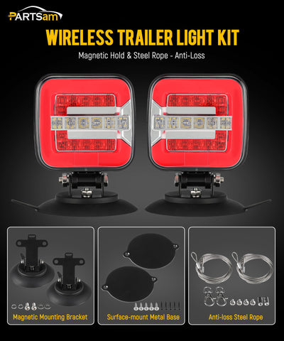 Image of Partsam Wireless LED Trailer Light Kit, Square Portable Magnetic Stop Turn Reverse License Towing Tail Lights w/Metal Bracket 7-Pin Plug for Trucks Trailers 12-24V IP67 Waterproof