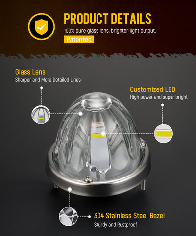 Image of Partsam 2Pcs Glass Watermelon Lights [Patented] Clear Lens White LED Running Light with Stailess Steel Bezel Replacement for Kenworth Peterbilt Freightliner Trucks