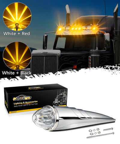 Image of Partsam Glass Watermelon Cab Lights Clear Lens Amber Torpedo LED Top Marker Hi/Low Beam Roof Turn Signal Lights with Die-Cast Chromium Alloy Base for Peterbilt Freightliner Mack Heavy Trucks (1PCS)