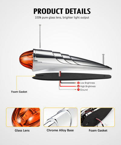 Image of Partsam Glass Watermelon Cab Lights Amber Torpedo LED Top Marker Hi/Low Beam Roof Running Turn Signal Lights with Die-Cast Chromium Alloy Base for Peterbilt Freightliner Mack Heavy Trucks (1PCS)