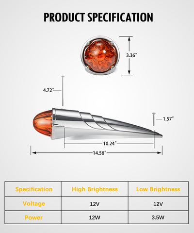 Image of Partsam Glass Watermelon Cab Lights Amber Torpedo LED Top Marker Hi/Low Beam Roof Running Turn Signal Lights with Die-Cast Chromium Alloy Base for Peterbilt Freightliner Mack Heavy Trucks (1PCS)