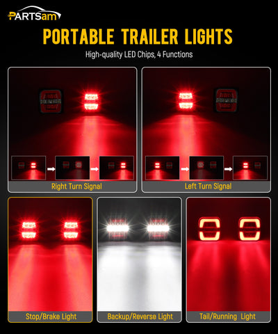 Image of Partsam Wireless Trailer Light Kit, Portable Magnetic LED Tow Lamp, Stop Brake Turn Reverse Towing Tail Lights w/Metal Base Suction Cup 7-Pin Plug for Trucks Trailers 12-24V IP67 Waterproof