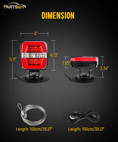 Image of Partsam Wireless Trailer Light Kit, Portable Magnetic LED Tow Lamp, Stop Brake Turn Reverse Towing Tail Lights w/Metal Base Suction Cup 7-Pin Plug for Trucks Trailers 12-24V IP67 Waterproof