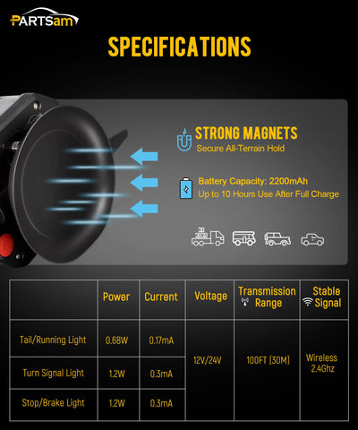 Image of Partsam Wireless Trailer Light Kit, Portable Magnetic Tail Lights for Towing, Stop Brake Turn Signal License Plate Tail Lights with Strong Magnets Suction Cup 7-Pin Plug for Trucks Trailers 12-24V