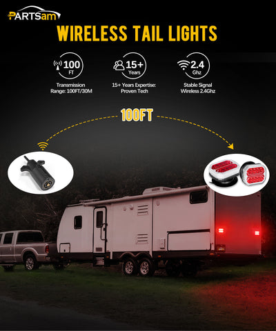 Image of Partsam Wireless Trailer Light Kit, Portable Magnetic Tail Lights for Towing, Stop Brake Turn Signal License Plate Tail Lights with Strong Magnets Suction Cup 7-Pin Plug for Trucks Trailers 12-24V