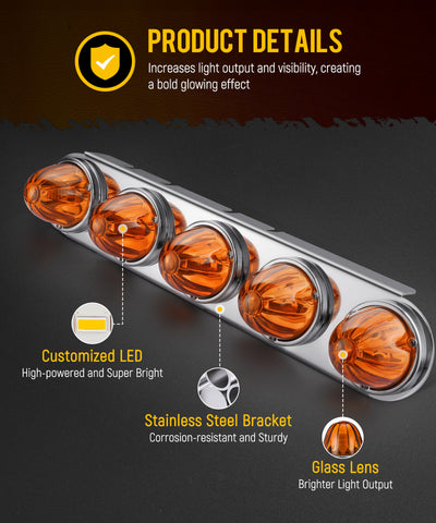 Image of Partsam 1 Pair Radius Style 21.5" Front Air Cleaner Light Bar with 5Pcs Glass Watermelon Lights, Stainless Steel Bracket, Amber Lens, Compatible with Peterbilt Kenworth Freightliner