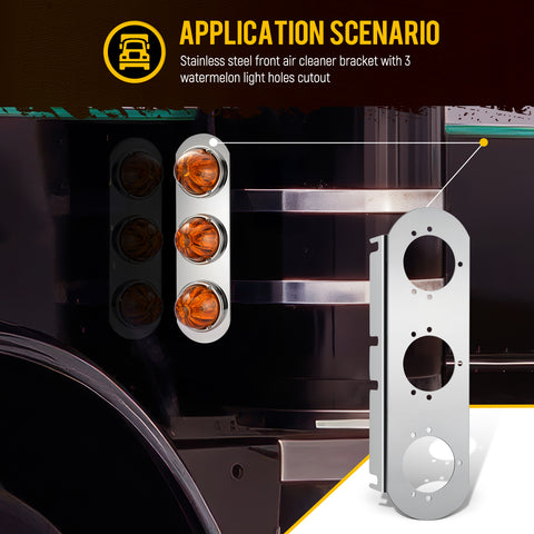 Image of Partsam 1 Pair 14“ Front Watermelon Air Cleaner Light Bar Brackets Compatible with Peterbilt Kenworth Freightliner, 3 Watermelon Light Cut-Outs, 304 Stainless Steel, Light Not Include