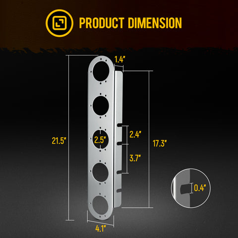 Image of Partsam 1 Pair 21.5" Front Watermelon Air Cleaner Light Bar Bracekts Compatible with Peterbilt Kenworth Freightliner, 5 Watermelon Light Cut-Outs, 304 Stainless Steel, Light Not Include