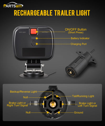 Image of Partsam Wireless LED Trailer Light Kit Magnetic Towing Tail Light Portable Universal Stop Turn Reverse Backup Smoked+Clear Lens w/ 7-Pin Plug Dual USB Charger for Trucks Trailers RVs 12-24V