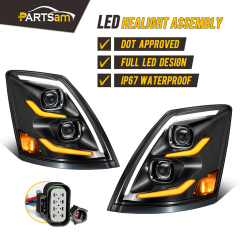 Image of Partsam LED Headlights Assembly Compatible with VNL VN 2004-2017, DOT Approved with Start Animation High/Low Beam Sequential Turn Signal DRL Marker Lights, IP67 6500K