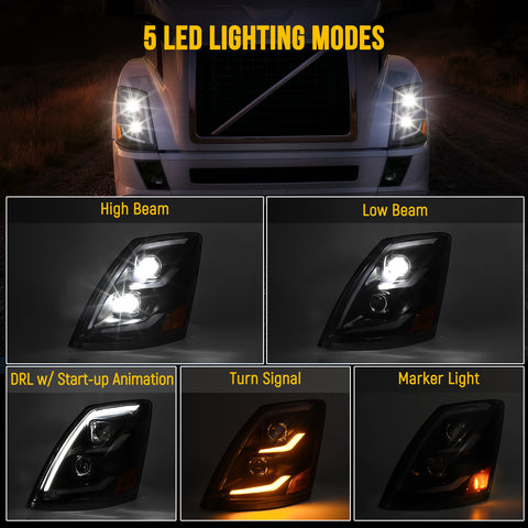 Image of Partsam LED Headlights Assembly Compatible with VNL VN 2004-2017, DOT Approved with Start Animation High/Low Beam Sequential Turn Signal DRL Marker Lights, IP67 6500K