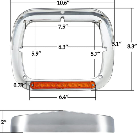 Image of Partsam 2x 7x6 Headlight Bezel with 6" Amber LED Light Strip Chrome LH RH Replacement for 5x7 7x6 Light 2007-20 Peterbilt 365 367, 2016-20 Peterbilt 520, 2000-2005 Peterbilt 330, 93-2008 Kenworth T300