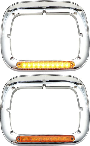 Partsam 2x 7x6 Headlight Bezel with 6" Amber LED Light Strip Chrome LH RH Replacement for 5x7 7x6 Light 2007-20 Peterbilt 365 367, 2016-20 Peterbilt 520, 2000-2005 Peterbilt 330, 93-2008 Kenworth T300