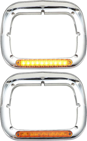 Image of Partsam 2x 7x6 Headlight Bezel with 6" Amber LED Light Strip Chrome LH RH Replacement for 5x7 7x6 Light 2007-20 Peterbilt 365 367, 2016-20 Peterbilt 520, 2000-2005 Peterbilt 330, 93-2008 Kenworth T300