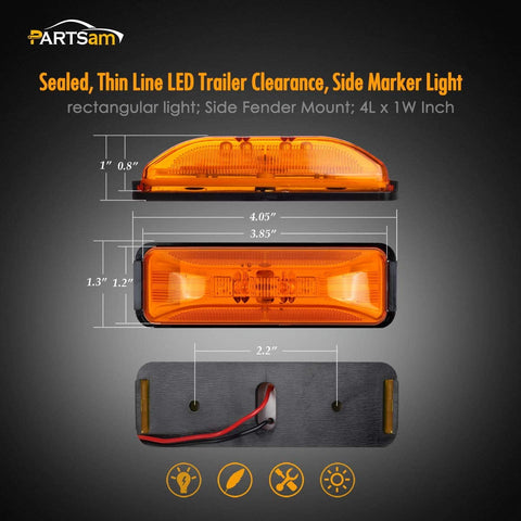 Partsam 4x Waterproof Amber/Red 4LED Side Marker Light for Trailer Truck Boat DC12V - Slim Waist
