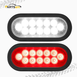 Partsam 2Pcs 6.7 Inch Oval Red Stop Turn Tail Lights and White Backup Lights Kit 12 Diodes w/Rubber Grommets & 3-Prong Wire Pigtails, Red/White Oval Led Truck Trailer Tail Lights and Reverse Lights