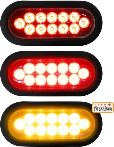 Image of Partsam 2Pcs 6.7 Inch Oval Red Stop Turn Tail Lights to Amber Strobe Lights Kit 12 Diodes w/Rubber Grommets & 3-Prong Wire Pigtails, Red/Amber Oval Led Truck Trailer Tail Lights and Indicator Lights