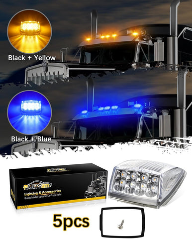 Image of Partsam Cab Light, 5Pc 17LED Dual Color Square Cab Marker Roof Running Top Light, Waterproof Top Reflective Lights Compatible with Kenworth/Peterbilt/Freightliner/Mack (Amber/Blue)