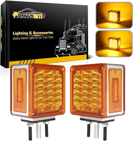 Image of Partsam LED Pedestal Lights Amber/Amber Double Face 39 LED Turn Signal Lights Stud Mount Fender Lights Side Marker Lights for Heavy Truck Trailer Freightliner Peterbilt Kenworth Mack Western Star