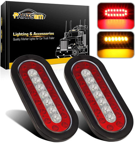 Partsam 2 Pcs 6" inch Oval Truck Trailer Led Tail Stop Brake Lights Taillights Running Red and Amber Parking Turn Signal Lights, Sealed 6 inch oval led trailer tail lights w reflectors Flush Mount