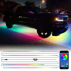 Partsam Car Underglow Neon Accent Strip Lights with Remote & APP Control Music Modes, Scene Options, Mic, DIY Remote Control Underbody Light Strips Adapter for Vehicle SUV Truck - 4 in 1