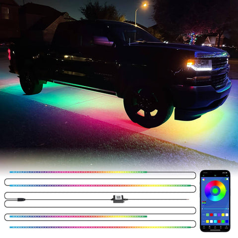 Image of Partsam Car Underglow Neon Accent Strip Lights with Remote & APP Control Music Modes, Scene Options, Mic, DIY Remote Control Underbody Light Strips Adapter for Vehicle SUV Truck - 4 in 1