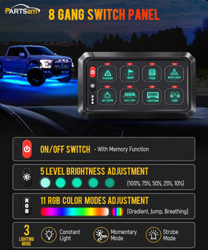 Partsam 5.5 Inch RGB 8 Gang Switch Panel, 3 Silicone Button 5 Brightness Levels Multifunction Toggle Switch Button Auxiliary Circuit Control Box Electronic Relay for Truck RV ATV UTV Boat