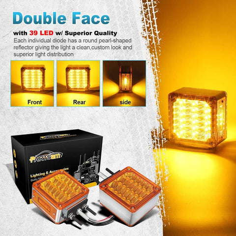 Image of Partsam LED Pedestal Lights Amber/Amber Double Face 39 LED Turn Signal Lights Stud Mount Fender Lights Side Marker Lights for Heavy Truck Trailer Freightliner Peterbilt Kenworth Mack Western Star