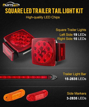 Partsam Submersible LED Trailer Tail Light Kit, Square Trailer Lights+Light Bar+8 Side Markers, with 25FT Wiring Harness Reflective Stickers Combined Stop Turn Tail License Lights for Boat Trailer 12V
