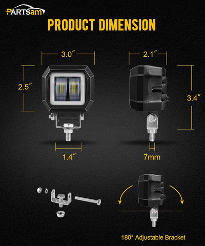 Image of Partsam 3 Inch White Pods Light With DRL 2 Modes 16W Waterproof Cubes Offroad Work Cree LED Pods Spot Flood Ditch Fog Lights for Pickup Truck SUV ATV UTV Boat Forklift 4x4 Motorcycle, Pack of 2