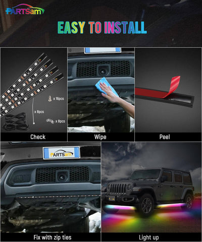 Image of Partsam Car Underglow Neon Accent Strip Lights with Remote & APP Control Music Modes, Scene Options, Mic, DIY Remote Control Underbody Light Strips Adapter for Vehicle SUV Truck - 4 in 1