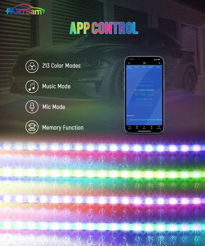 Image of Partsam Car Underglow Neon Accent Strip Lights with Remote & APP Control Music Modes, Scene Options, Mic, DIY Remote Control Underbody Light Strips Adapter for Vehicle SUV Truck - 4 in 1