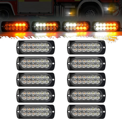 Image of Partsam 10pcs Emergency Strobe Light Lamps Surface Mount Warning Flashing Light 12LED 6 Amber 6 White Beacon Hazard Lights for Car Truck Van Off-Road Vehicle ATV SUV