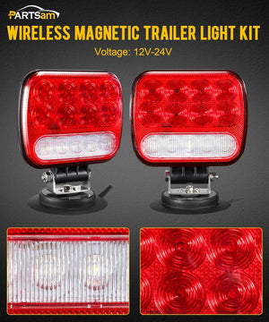 Partsam LED Magnetic Towing Tail Light Wireless LED Trailer Light Kit Universal Stop Turn Running Backup Reverse Light Red+Clear Lens w/ 7-Pin Plug Dual USB Cable Charger for Trucks Trailers 12-24V