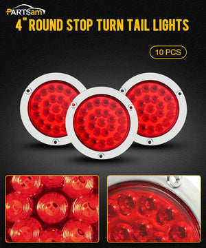 Partsam 10x 4 Round Led Trailer Tail Lights Red 24LEDs Flange Mount Sealed Chrome LED Stop Turn Tail Lights Marker Clearance Brake Running Taillights Hardwired Waterproof for RV Trucks 12V DC