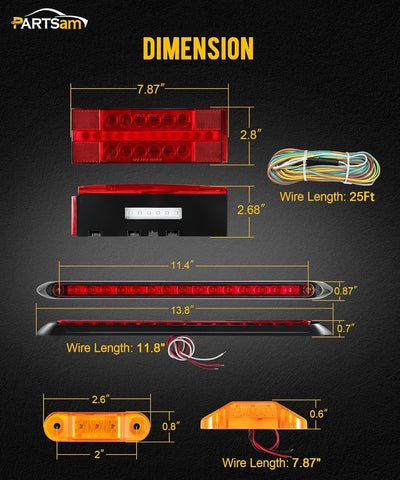 Image of Partsam Submersible LED Trailer Tail Light Kit, Rectangular Trailer Lights+Light Bar+8 Markers, with 25FT Wiring Harness Reflective Stickers Combined Stop Turn Tail License Lights for Boat Trailer 12V