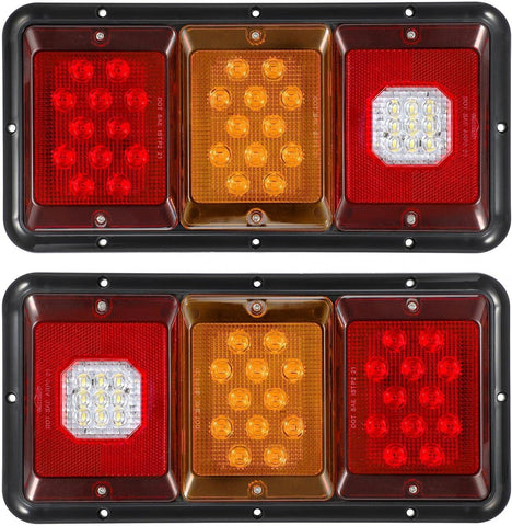 Image of Partsam 2x LED Triple Tail Lights 45 LEDs Rectangle Vertical Horizontal Mount LED Trailer Truck Camper RV Stop Turn Tail Lights Backup Reverse Taillights w Gasket Black Base Amber/Red/Clear Lens 12V